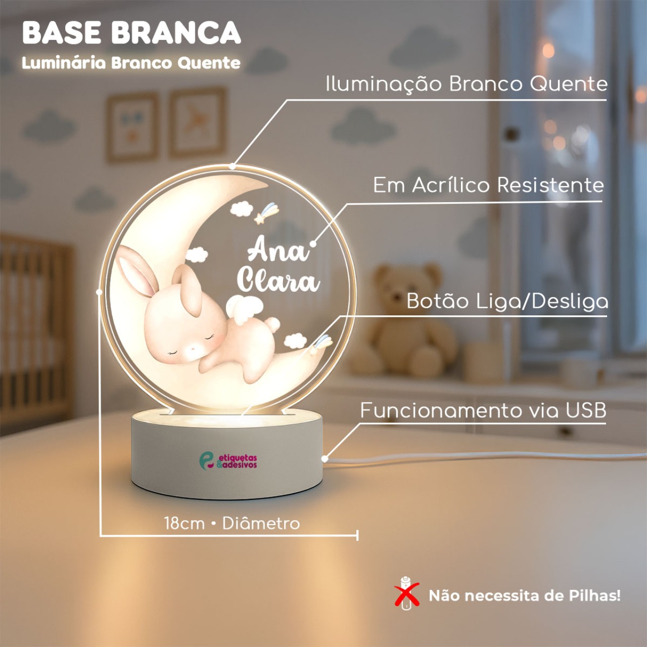 Luminária Coelhinho Soneca com nome personalizado