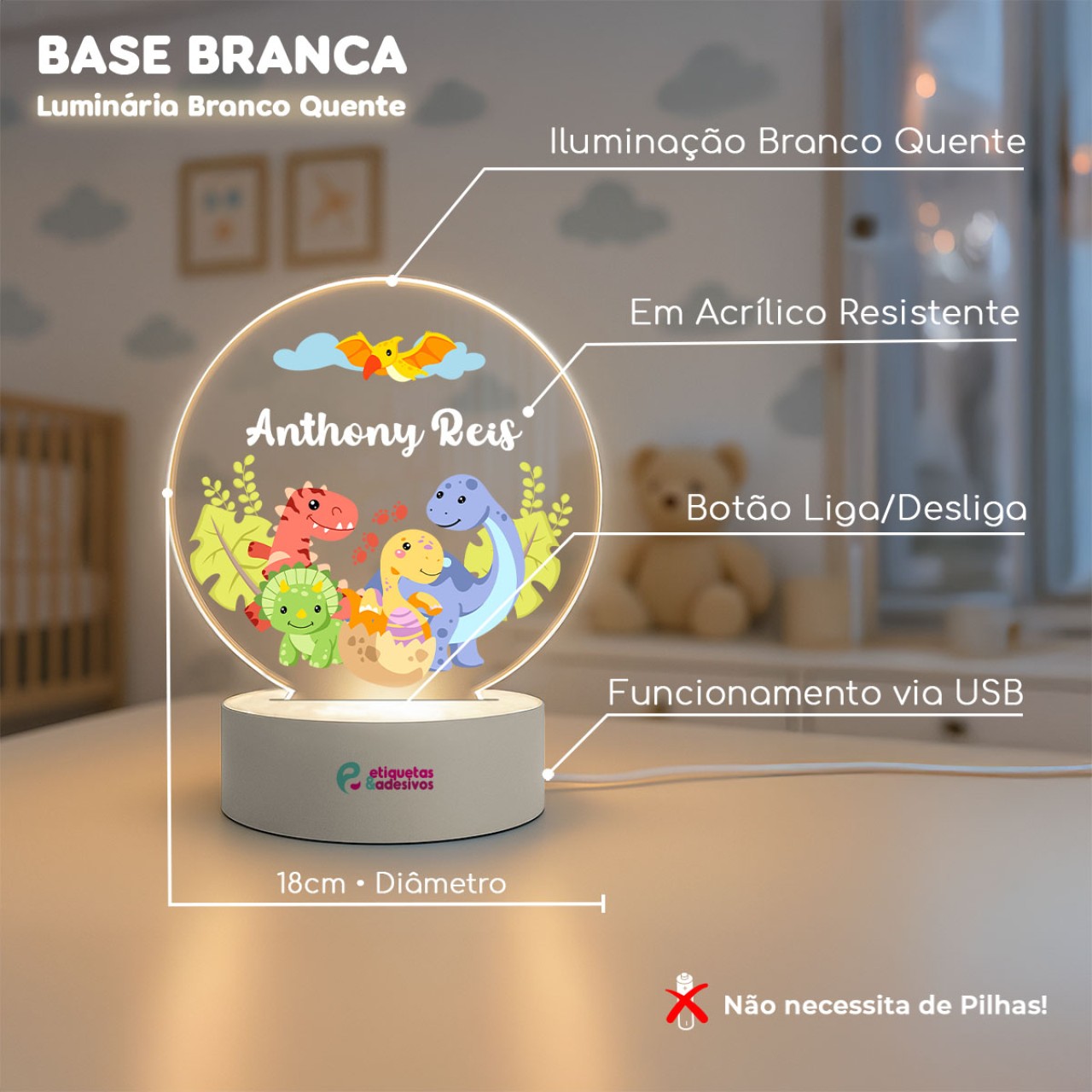 Luminária Dinossauros Coloridos Com nome