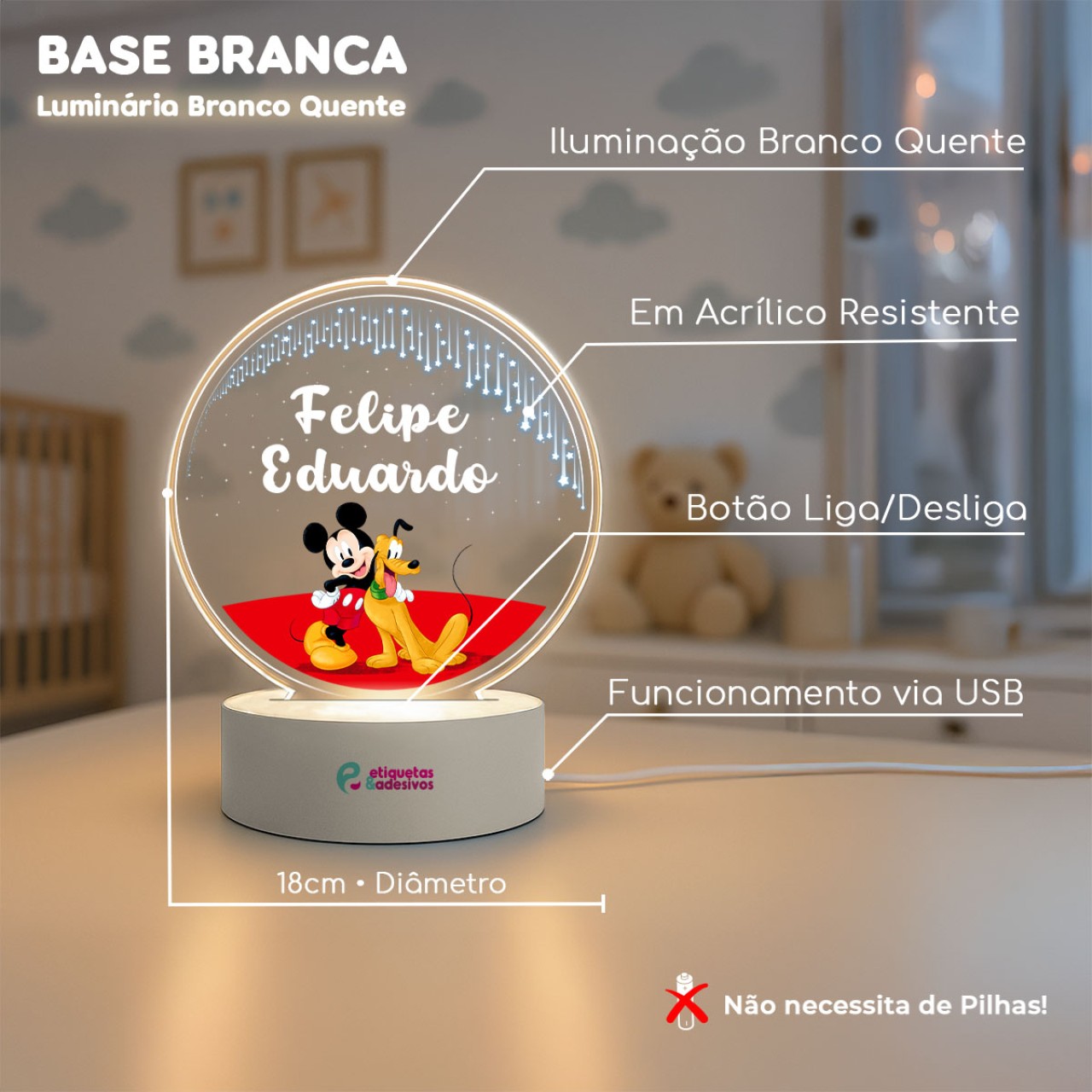 Luminária Mickey e pluto com nome personalizado