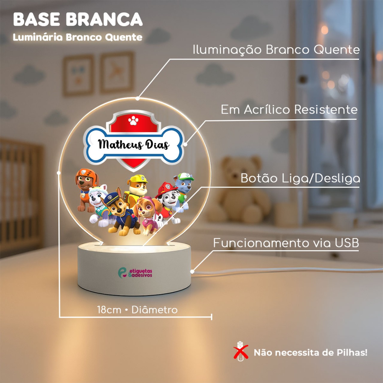 Luminária Patrulha Canina com nome personalizado