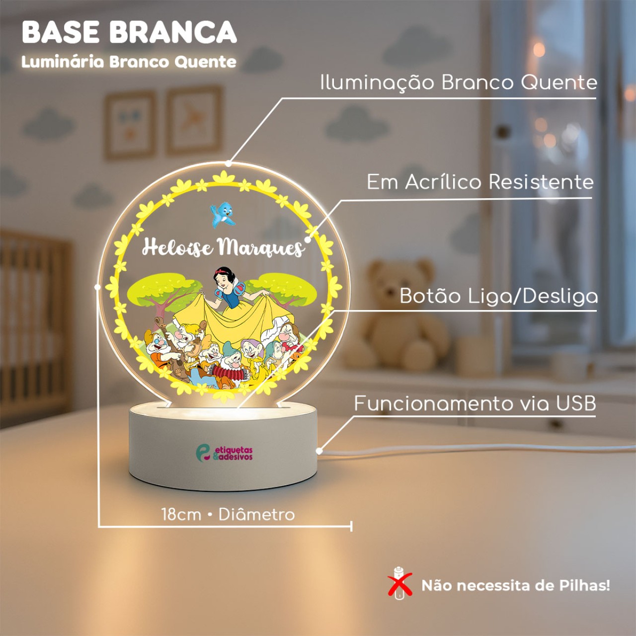 Luminária Princesa Branca de Neve com nome personalizado