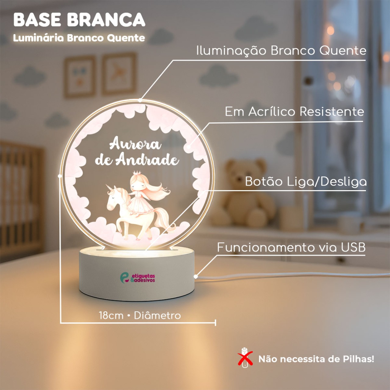 Luminária Princesa e Unicórnio com nome personalizado