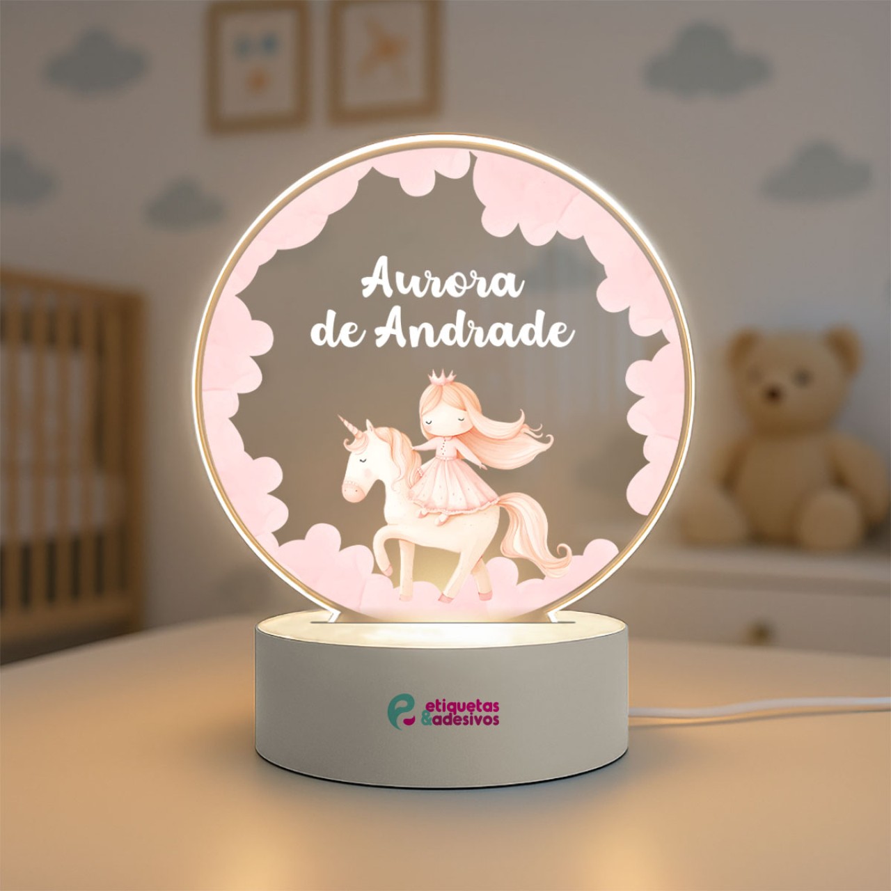 Luminária Princesa e Unicórnio com nome personalizado