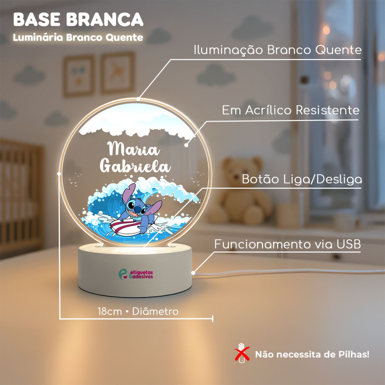 Luminária Stitch Surf com nome personalizado