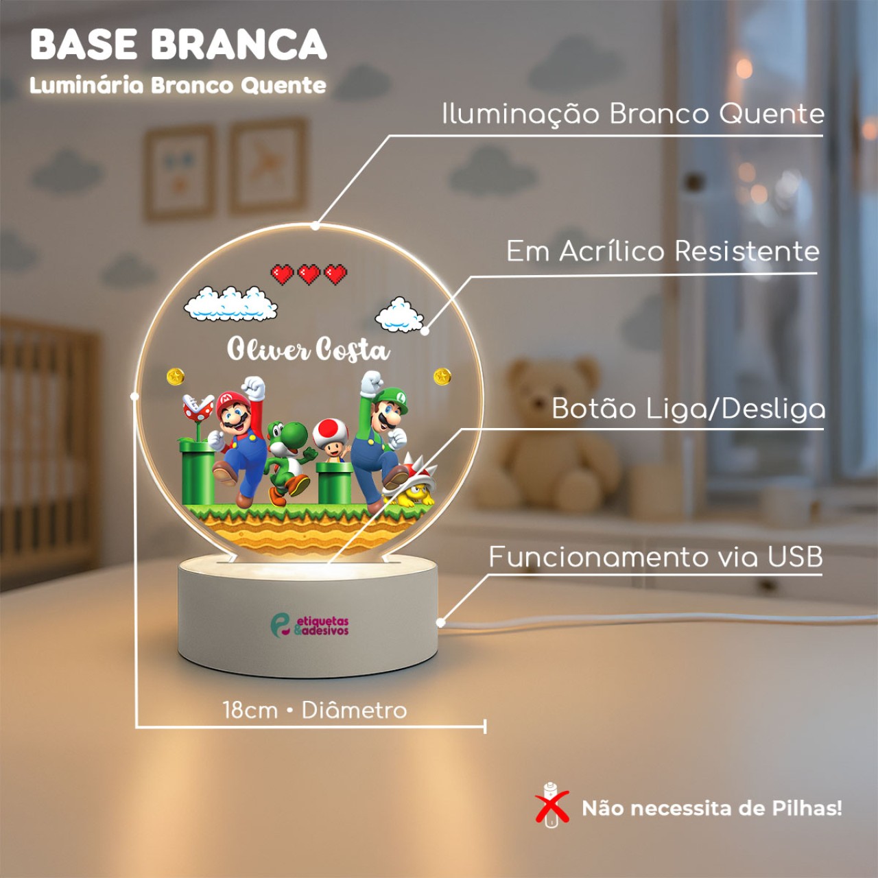 Luminária Super Mario com nome personalizado