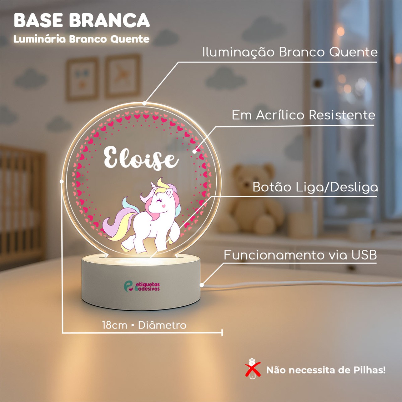 Luminária Unicórnio com nome personalizado
