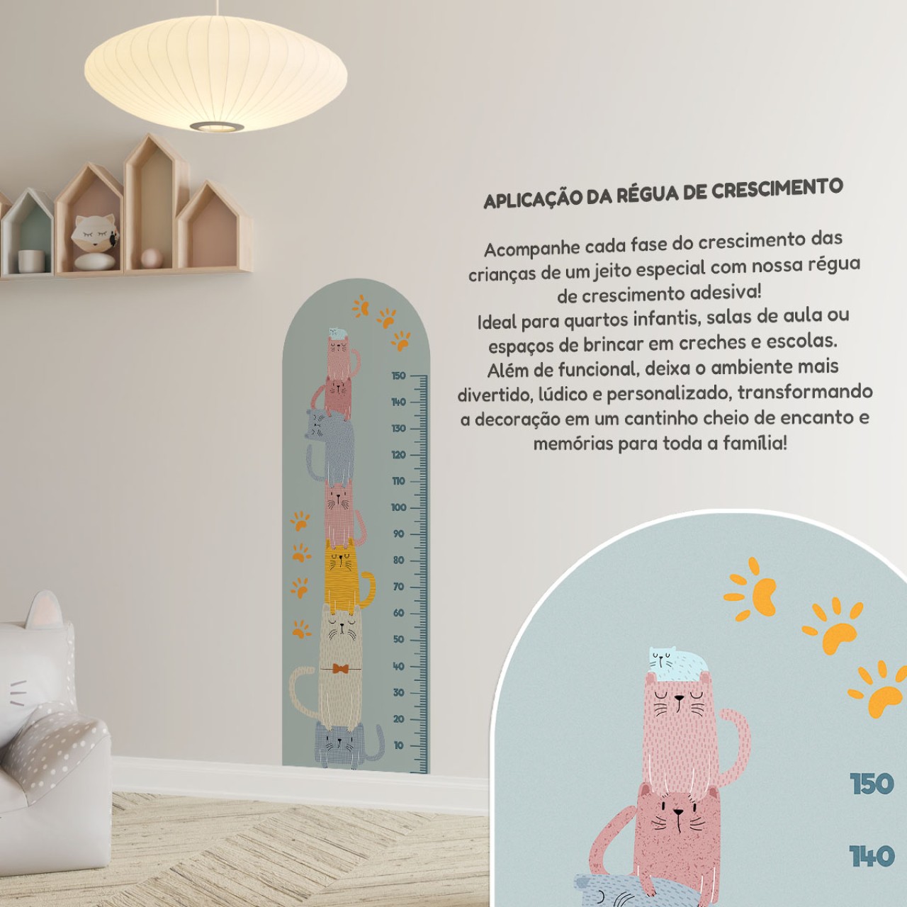 Adesivo Régua de Crescimento Gatinhos Coloridos